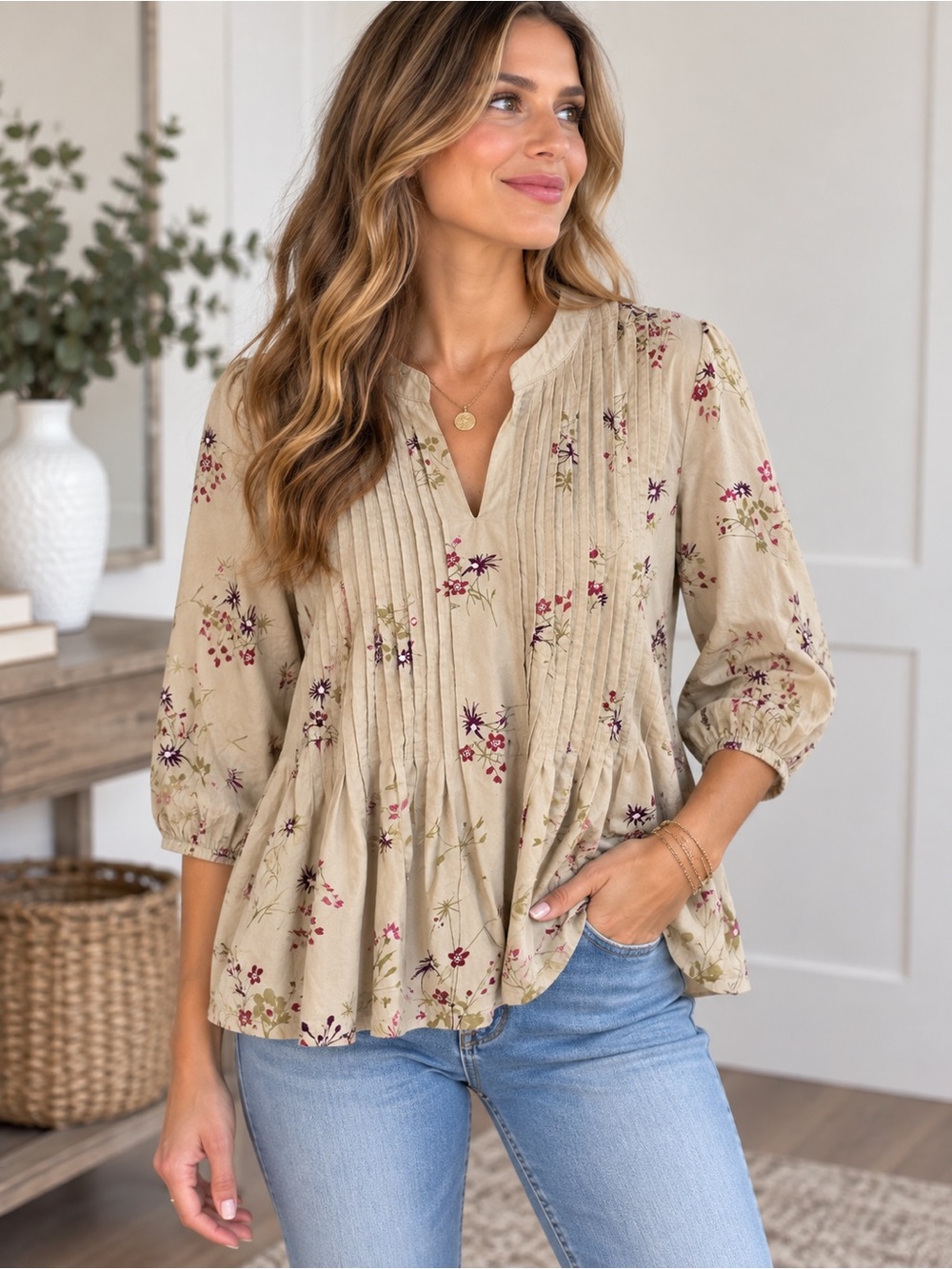 Serengeti Floral Pintuck Blouse Small 100% Cotton Cottagecore Boho Tunic Top